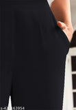 Black polyester blend mid-waist trousers with two side pockets, suitable for casual wear (42 inches)