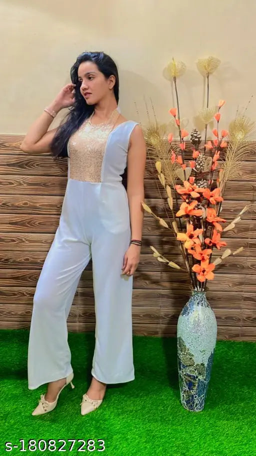 Trendy polyester jumpsuit with sequin embellishments, sleeveless, halter neck, cut-out shoulders, deep v backline - XL (42 in bust, 52 in length, 36 in waist, 40 in hip)