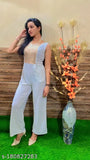 Trendy polyester jumpsuit with sequin embellishments, sleeveless, halter neck, cut-out shoulders, deep v backline - XL (42 in bust, 52 in length, 36 in waist, 40 in hip)
