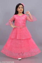 Embroidered mirror work net lehenga choli set, vibrant kid's wedding dress in three-quarter sleeves