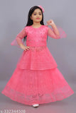 Embroidered mirror work net lehenga choli set, vibrant kid's wedding dress in three-quarter sleeves