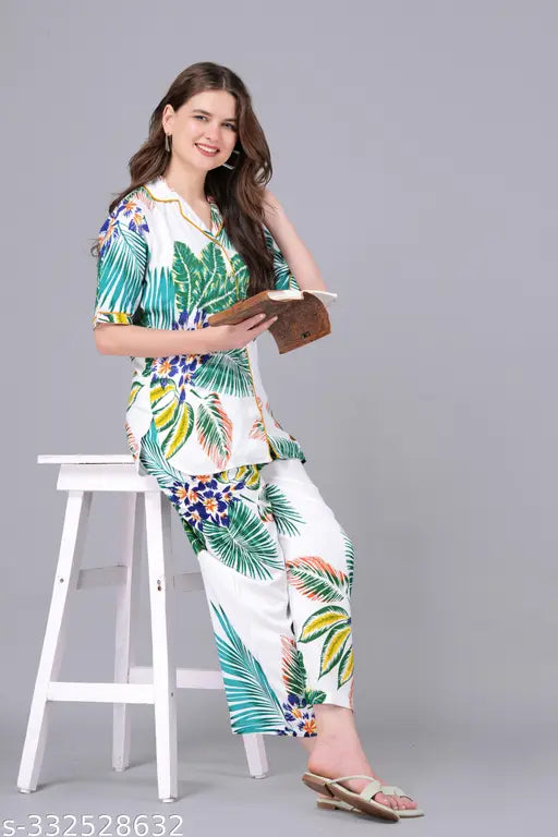 women's rayon printed night suit set, modern design in vibrant colors for a cozy sleepwear set