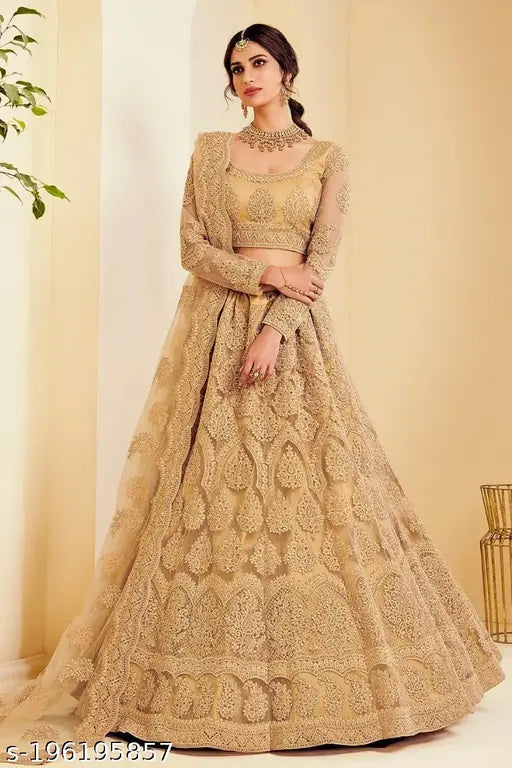 Golden net Jesani Chain Cording Lehenga Choli with Zari work, semi-stitched Indian bridal wear (Free Size, 44in waist)