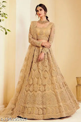 Golden net Jesani Chain Cording Lehenga Choli with Zari work, semi-stitched Indian bridal wear (Free Size, 44in waist)