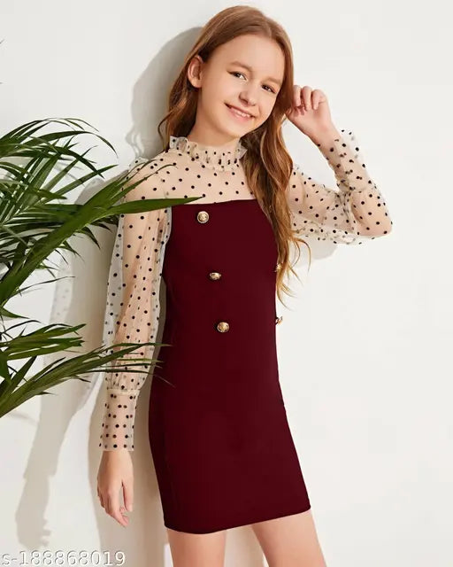 Maroon cotton blend round neck dress for girls, solid pattern, long sleeves, sizes 3-4 to 13-14 years