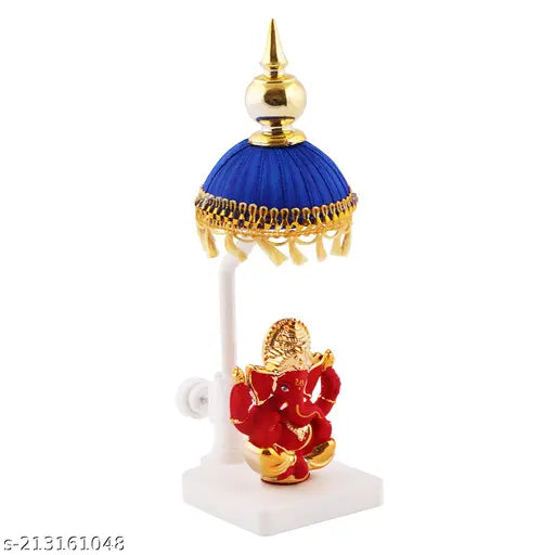 Red marble Ganesha idol with blue chhatri, handcrafted, 2.5 x 7 x 1 inches, Indian artisan made