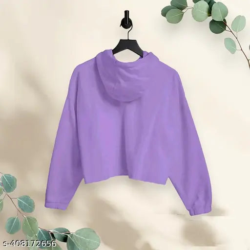 Cute purple printed crop top hoodie for girls, cotton blend sleeves, best with black or blue jeans, size 9-12 years (India origin)