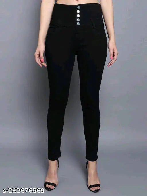 Black cotton blend tie-up jeans for women, size 32 (waist 32in, length 38in), made in India