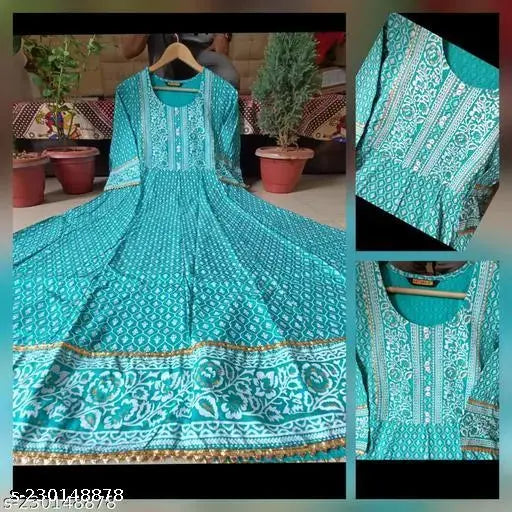 Rayon Super Hit Firoji Printed Anarkali Kurtis with three-quarter sleeves, vibrant floral print on a Indian traditional design