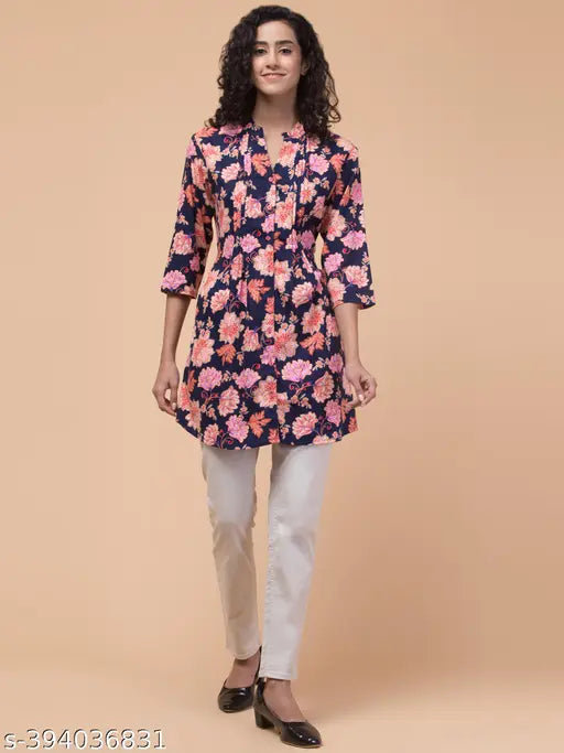 Blue multicolour floral rayon tunic with 3/4 sleeves, mandarin collar & pleated design - Hive91, India