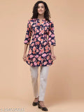 Blue multicolour floral rayon tunic with 3/4 sleeves, mandarin collar & pleated design - Hive91, India