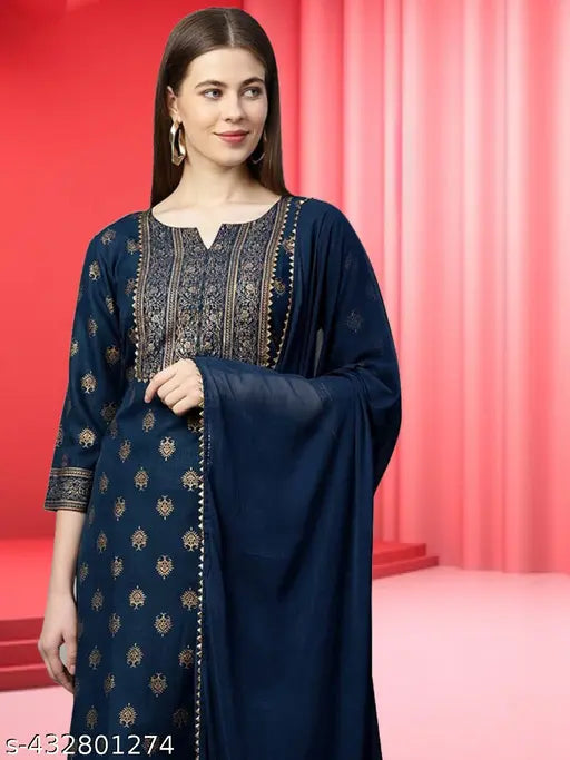 Cotton blend women's kurti pant set, printed net design with dupatta for women, size S-XXL, Indian origin