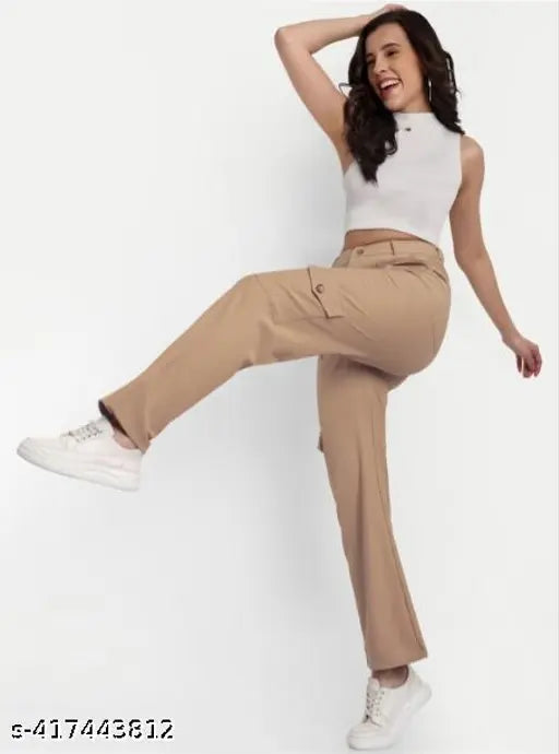 Solid lycra bell-bottom cargo trousers for formal and regular wear, similar to a plaza style - Indian women's fashion