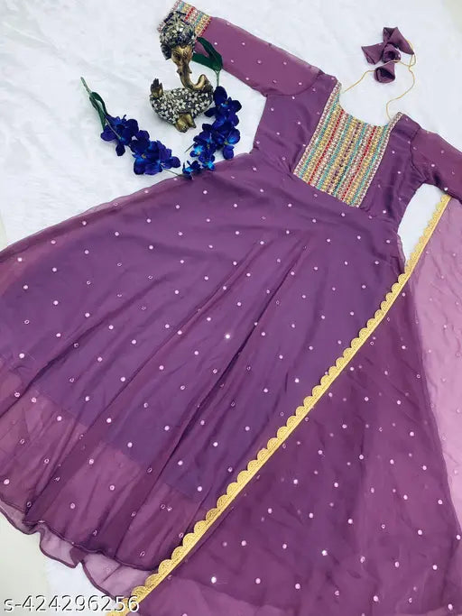 Georgette women's fancy gown, solid-colored, three-quarter sleeves, no bottomwear - S, M, L, XL, XXL, XXXL sizes available