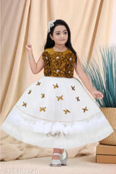 Elegant white and pat-bodied net frock with gold butterflies and floral embellishments for girls aged 4-10 years, hand-crafted with lace detail. Indian designer party wear