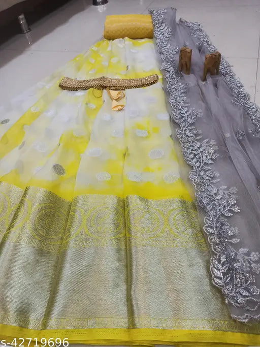Trendy unstitched yellow organza lehenga choli & dupatta set with embellishments, India-origin, soft silk top and net dupatta
