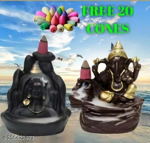 Gold Adiyogi & Ganesh Smoke Backflow Showpiece Combo (8 cm x 11 cm), India-crafted, includes 20 free cones