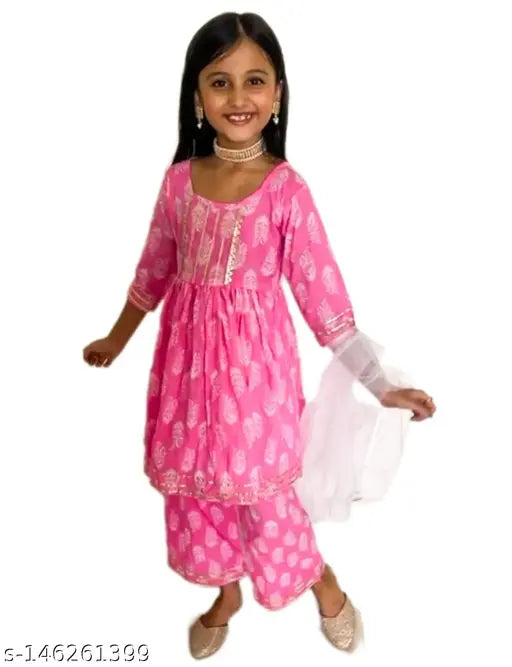 Pastel pink cotton kurti-plazzo set with shimmered white net dupatta, printed top for kids aged 18-24 months, Indian fashion style