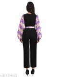 Stylish party wear Lycra jumpsuit with long sleeves, printed net design, size XS or XL. Imported cotton Lycra scuba fabric