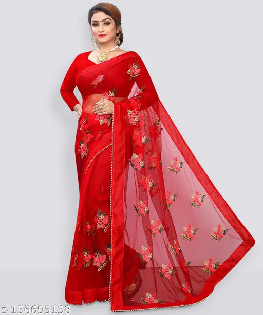 Beautiful net fabric party sari with embroidered solid silk blouse, Indian wedding wear