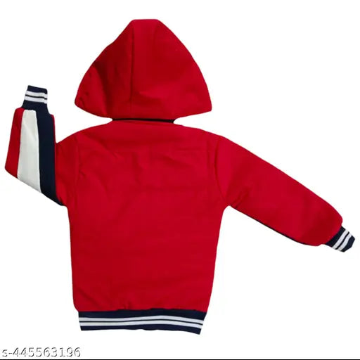 Multi-colored stylish winter jacket for boys in polyester, colorblocked design. Red and navy blue, long sleeves, size 1-8 years