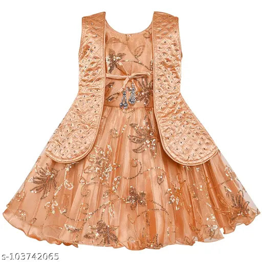 Beige net frock dress, embellished silver kraft design for kids, soft cotton lining, Indian-made, 3-4 years