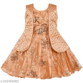 Beige net frock dress, embellished silver kraft design for kids, soft cotton lining, Indian-made, 3-4 years