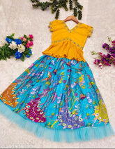 Fully stitched chiffon lehenga choli set for girls, self-design botanical pattern on display, ideal for traditional Indian festivals (10-11 years)