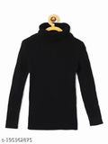 Black cotton blend high neck sweater for baby boys & girls, self-design net pattern on long sleeves