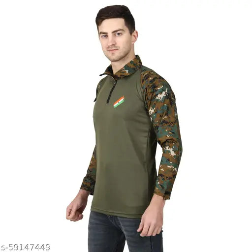 Olive green Militia Cobra Urine pattern polycotton long sleeve T-shirt, Indian Army print on polo neck