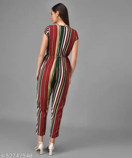 Multicolor stripe crepe casual jumpsuit for women, short-sleeved, vibrant pattern on display
