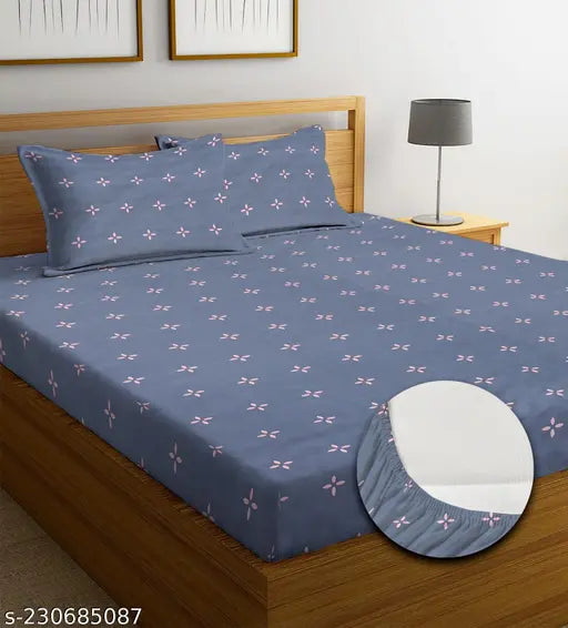 Navya Home Decor grey cotton fitted king-size double bedsheet with 2 pillow covers, ethnic motifs print