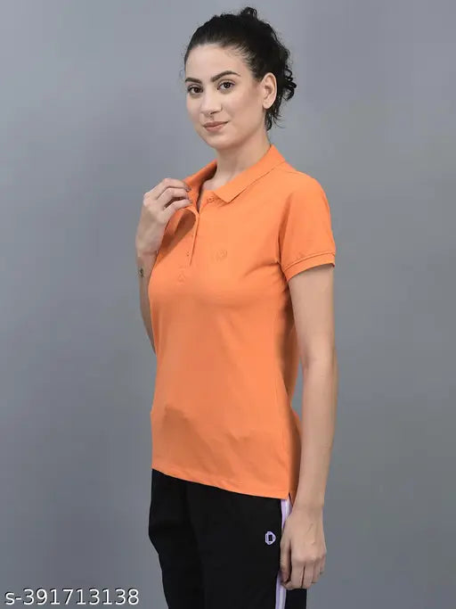 Orange cotton blend polo neck t-shirt for women by Dollar, comfortable and flexible for athleisure wear