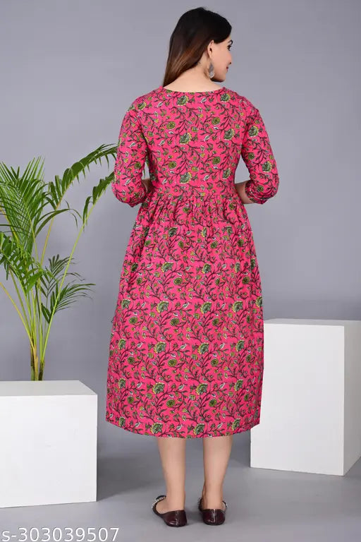 Cotton maternity anarkali kurti with 3/4 sleeves, feeding zip access, comfortable rayon fabric, high neck design, Indian origin