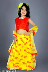 Cotton blend kids' lehena choli with net dupatta, block stitch design, sizes 6-10 years