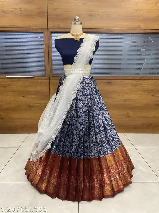 Zari work South Indian Art Silk Half Saree with embroidered net dupatta, unstitched choli and lace detailing, ready-to-ship from India