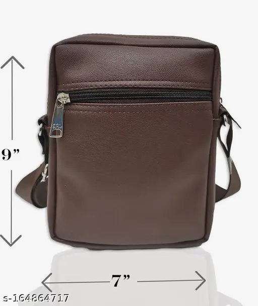 Brown PU Magnifique Trendy Sling Bag, durable side bag for men and women with 4 compartments, free size (7x4x9 inches)