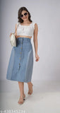 Colorblocked denim women's/girls skirt, stylish Western wear with multiple designs, India-origin, size 28/30/32/34/36