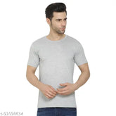 Grey cotton round neck t-shirt for men by Filev, premium bio-washed fabric with short sleeves and solid pattern