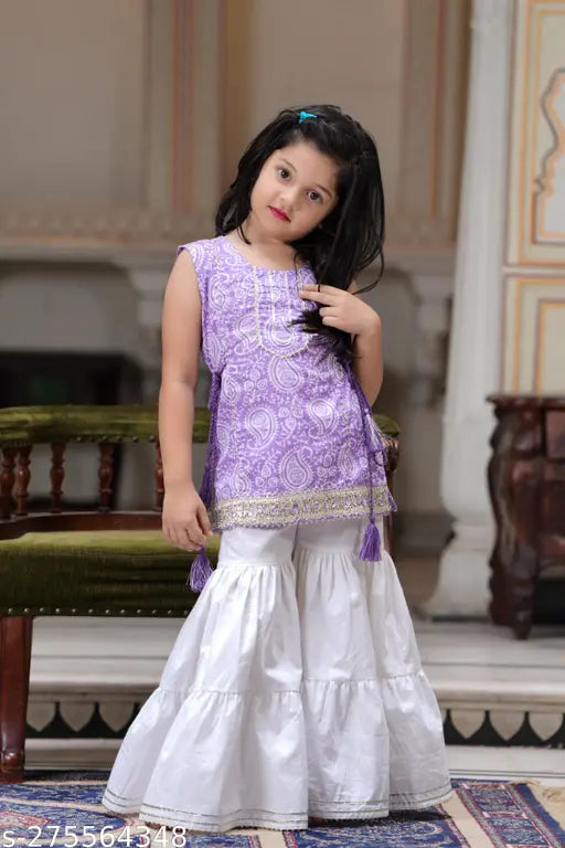 Lavender rayon party set for kids, age 3-4 years, printed pattern on kurta and bottomwear