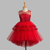 Red net high-low frock for girls party wear, embellished toy balloon design, size 2-3 years