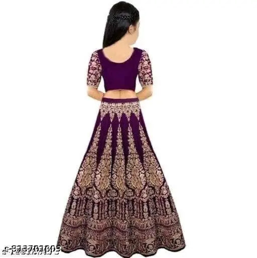 Purple velvet & net embroidered ethnic wear lehenga-choli set for kids