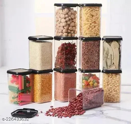 Airtight black plastic dry fruit jars (12 pack-1100ml each), clear design for kitchen storage and organization, easy to clean and maintain