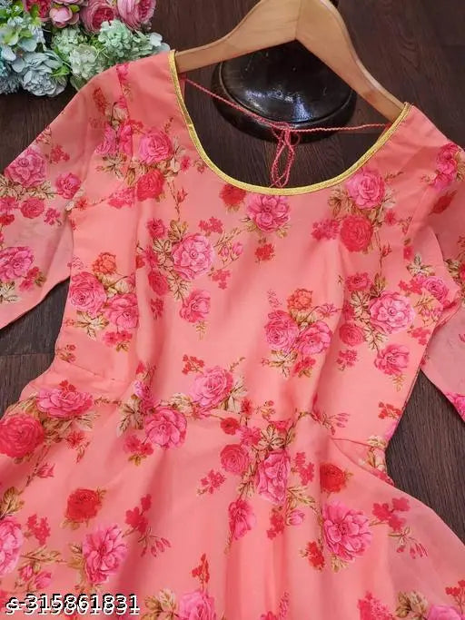 Pink Georgette printed gown with Poly Crepe inner fabric, pink dupatta. Women's fashion dress available in sizes S-XXXXL from India