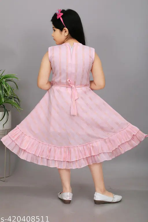 Pinktastic knee-high fun pure cotton frock for girls, striped net design, sleeveless, cute ruffled neckline, 100% cotton, perfect for summer, made in India