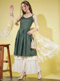 Green dupatta set with fringe detail