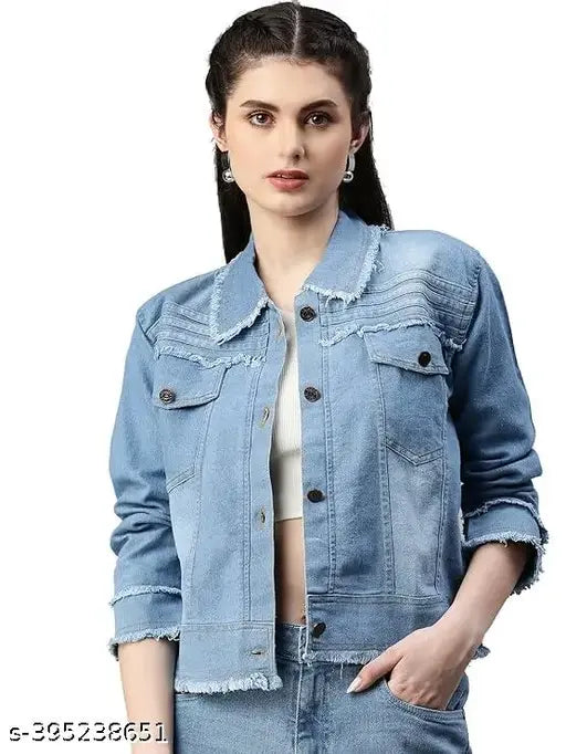 Denim women's jacket for winter wear, dyed/washed design. Long sleeves, sizes S-XL. Made in India