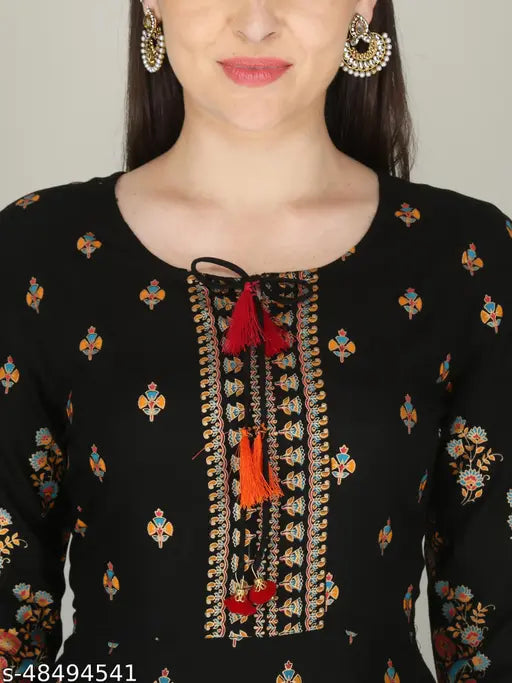 Gold-printed black rayon anarkali kurtis for women and girls, three-quarter sleeve, printed combo on display