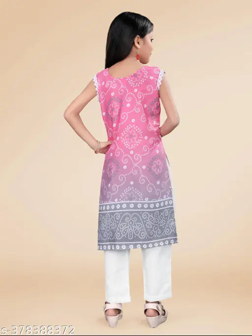 Nivudi Bandhni print cotton kurta set with pants and net dupatta (set of 3), vibrant Indian children's clothing for ages 4-12 years