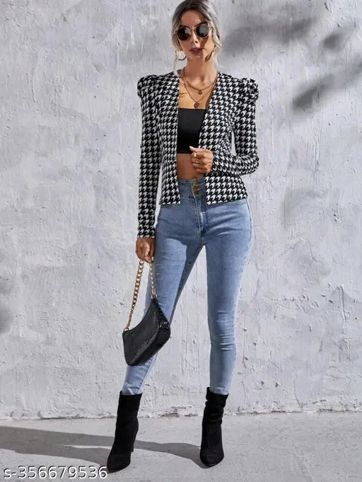 Polyester houndstooth print open front jacket with gigot sleeves, casual wear for women (XS-XXL)
